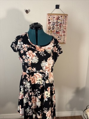 Bobbie Brooks Womens Floral Fit and Flare Dress Black Pink Short Sleeve Medium