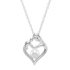 Finecraft Pearl Mother & Child Heart Necklace with Diamond in Silver, 18"