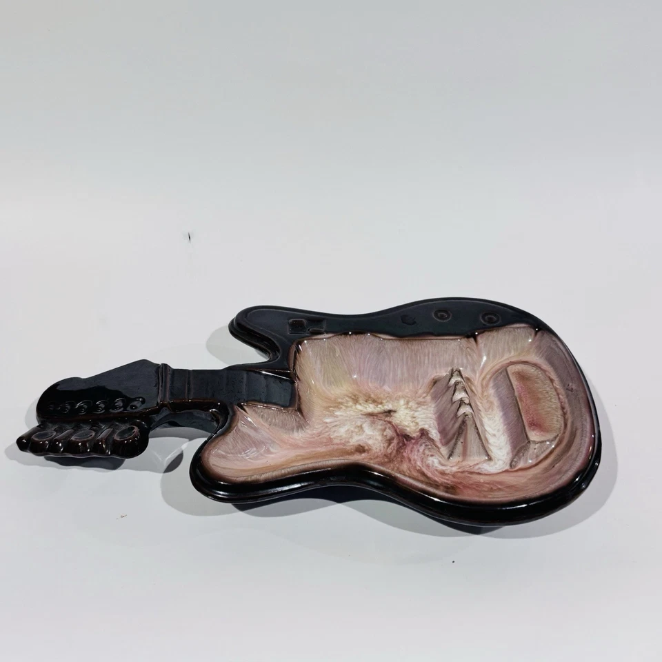 Vintage 70s Brinn's Brown & Pink Glaze Pottery Guitar Shaped Wall Hanging Decor - Image 2 of 4