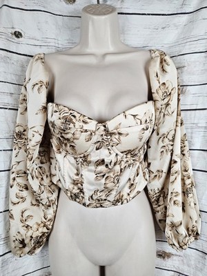 Champagne Floral Corset Bustier Top XL Womens Romantic Renaissance Sleeves