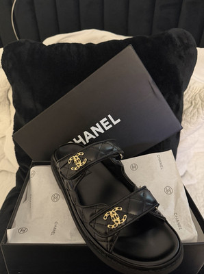 CHANEL Black Quilted Logo Slide Sandals Faux Leather Hook & Loop EU 38
