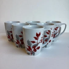 Corelle Coordinates Porcelain Mugs KYOTO LEAVES Set Of 6 Red Gray Floral Cups