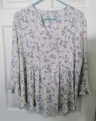 Kim Rogers White Long Sleeve Pleated Front Top with Pink and Purple Flowers XL