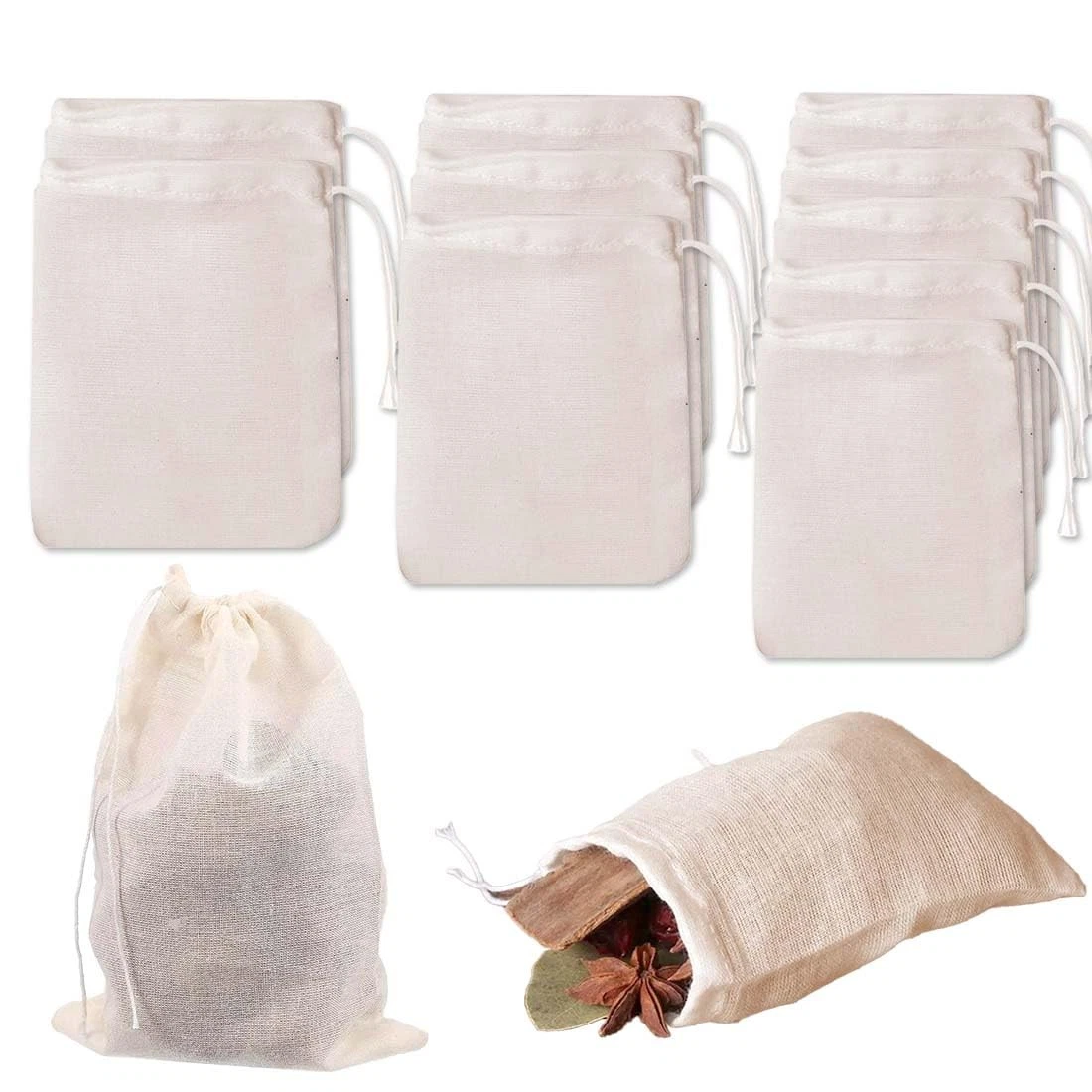 Pack of 10 Cotton Muslin Bags with Drawstring, Spice Bags for Cooking...