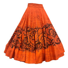 Vintage 1950s Orange Handpainted Floral Mexican Circle Skirt