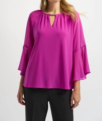 Joseph Ribkoff Keyhole Neckline 3/4 Sleeves Chiffon Top Cosmo Purple