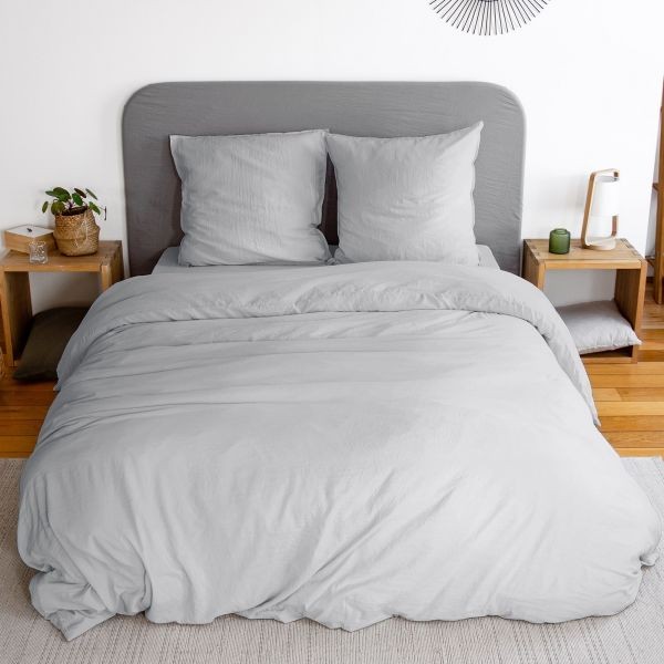 Housse de couette 220x240 hypoallergénique en microfibre lavé Gris Perle pour literie adulte saine