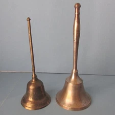 2 BELL Table Dinner School Brass Silver Plate Long Handle Nasco India Vintage