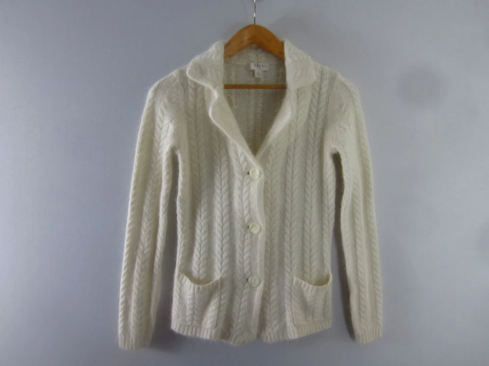 Cardigã feminino Kenar pequeno marfim branco LS angorá malha cabo suéter bolsos - Imagem 4 de 4