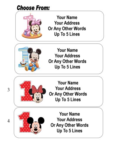 30 Minnie/Mickey/Baby Mickey Minnie 1. Geburtstag personalisierte Adressetiketten - Bild 1 von 1