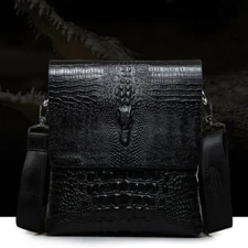 Men Leather Black Crocodile Sling Shoulder Bag Crossbody Bag 10" Messenger Bag B