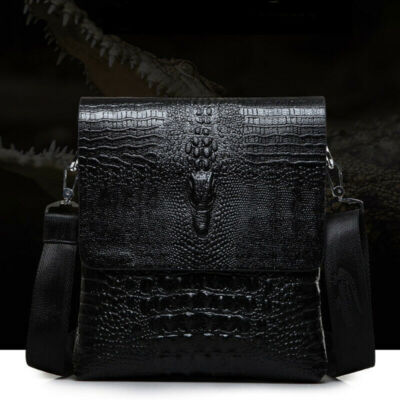 Men Leather Black Crocodile Sling Shoulder Bag Crossbody Bag 10'' Messenger Bag B