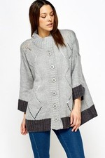 Womens outwear casual button grey knitted trim cardigan coat jacket poncho 14-18