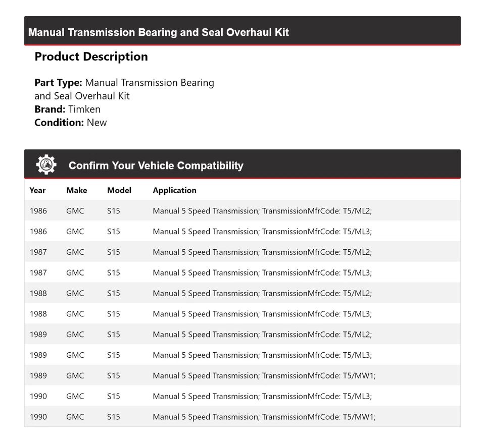 For 1986-1990 GMC S15 Manual Transmission Bearing and Seal Overhaul Kit Timken - Image 2 of 3