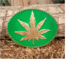 MARIJUANA POT LEAF oval metal engraved belt buckle