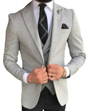 Designer Business Gray Checked Men's Suit Jacket Pants Vest Tailored Slim Fit
