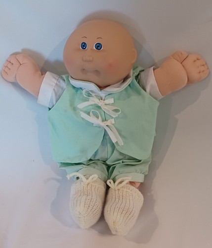 1985 Cabbage Patch Kind Puppe blaue Augen Frühchen Baby grün Outfit Weste Stiefeletten