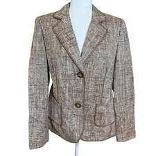 Basler Blazer Women Medium HopsackWeave Silk Flax Cotton Neutral Blend Brown