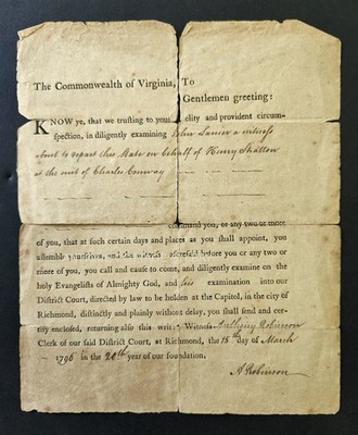1796 antique RICHMOND VA LEGAL DOCUMENT John Lanier witness Shatton Chas Conway