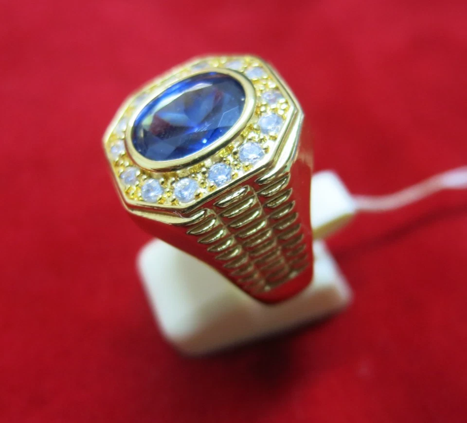 Men's 18k Micron Gold Ring Blue Sapphire Gemstone Cubic zirconia Size 10 Open - Image 4 of 4