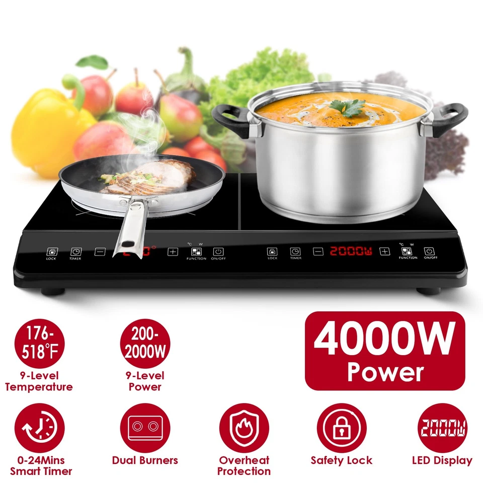 Portable 4000W Induction Cooktop Countertop Stove Dual Burner w/ 0-3 Hour Timer - Image 3 of 4