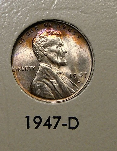 1947-D  Lincoln Cent - Vividly Toned Obverse Unc / Uncirculated (AO1)