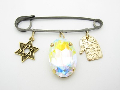 18kt Vergoldet Davidstern Ab Oval Kristall Khamsa Kabbala Baby Pin Kinderwagen