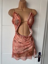 PrettyLittleThing Pink Floral Mesh Backless Ruched Mini Dress UK 6 XS Party B22
