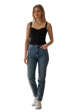 Ribbed Knit Button Front Corset Bustier Delicate Lace Trim and Bow Details Top
