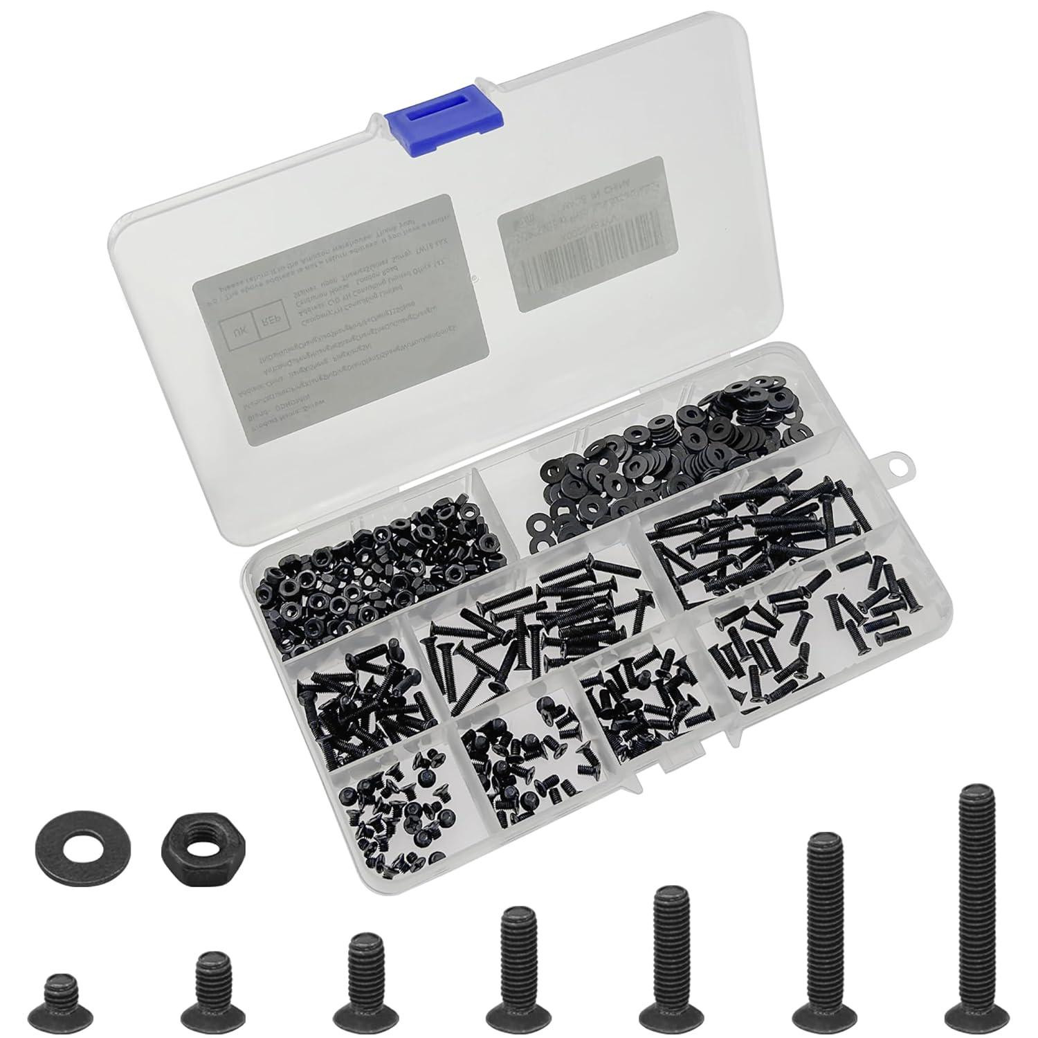 510 PCS M3 Black Phillips Countersunk Bolts and Nuts Set