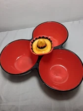 Clay Art Condiment Bowls 3 Section Condiment Salsa Mexico Spicy Peppers Sombrero