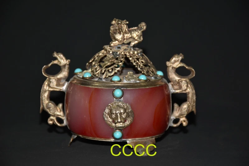 Quemador de incienso de león dragón jade rojo con incrustaciones de cobre plateado único de China Foto 2 de 4