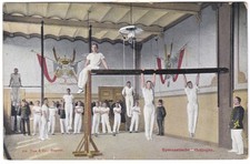 Full-color vintage Dutch postcard - Soldiers exercising in gym -  Gay interest