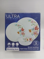 12 Piece Gibson Blooming Rose Opal Glass Dinnerware Set Ultra