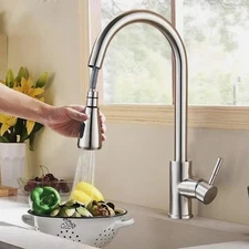 Kitchen Sink Faucet Brushed Nickel Single Handle Swivel Pull Down Sprayer Mixer