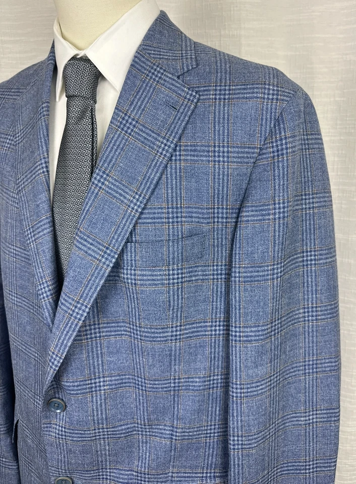 Abrigo deportivo Hart Schaffner Marx 44R azul a cuadros ajuste Nueva York suave lana seda lino Foto 4 de 4