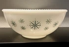 Vintage McKee Milk Glass Green Snowflake Mixing Bowl 10” Beaded Rim Holiday Bowl