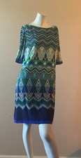 Eliza J Green Blue White Geo Print Sheath Dress Sz 8
