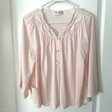 Vtg Shadowline Bed Jacket Womens M Embroidery Pink pocket USA Boudoir Robe Glam