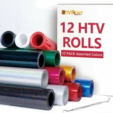 HTVRONT Heat Transfer Vinyl Roll 12 Pack Assorted Colors | Glitter Options