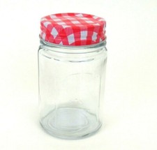 Clear Glass Jelly Jam Jar Red Gingham Round Metal Lid 4" 6oz