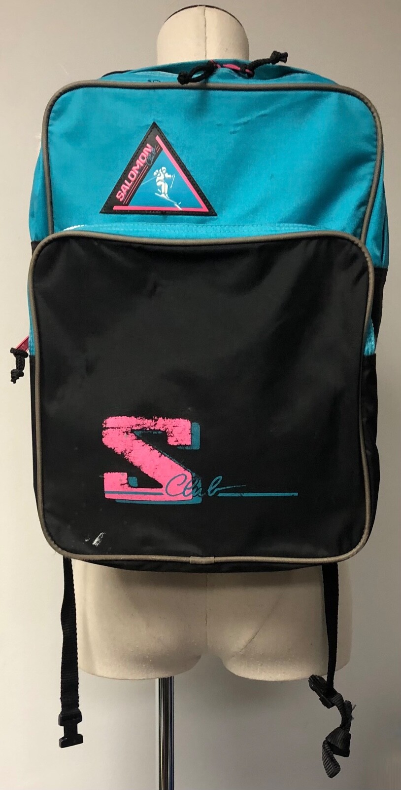 BORSA ZAINO SCI SALOMON CLUB VINTAGE ANNI '80 NERO VERDE ACQUA E ROSA NEON LOGO RETRÒ