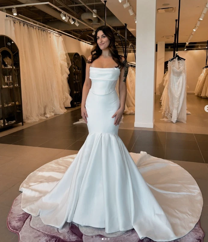 Sexy Mermaid Wedding Dresses with Train White Ivory Satin Strapless Bridal Gowns - Image 2 of 4