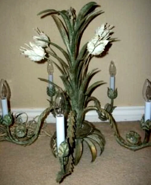 Italian Tole Hollywood Regency Chandelier Swag Lamp Tulips Verde Gris Italy Tag - Image 2 of 4