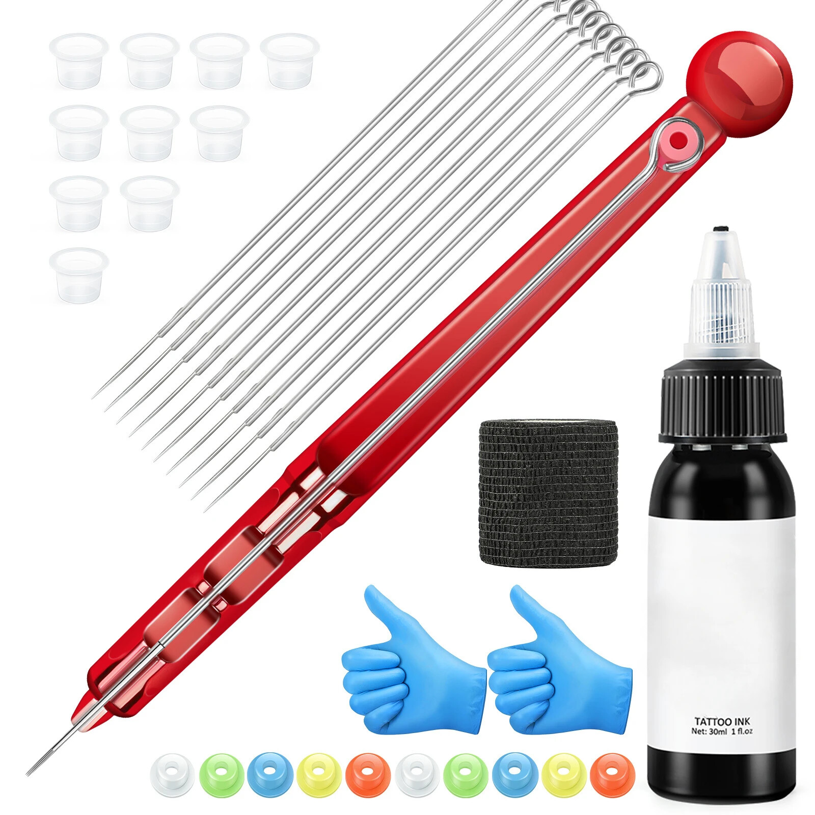 Hand Poke Pen Stick Tool Tattoo Needle Holder Pigment Glover Grommet Bandage Kit