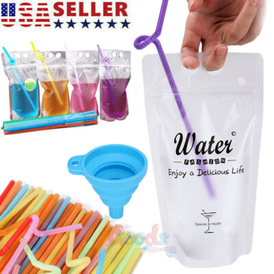 100Pcs Drink Pouches 500ML Stand-Up Zipper w/ Straws&Funnel for Cold Hot Drinks