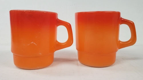 Vintage Pair Fire King Anchor Hocking Milk Glass Stacking Coffee Mug Orange Red