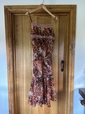 Pretty Strappy Asymmetrical Hem Patterned Orange Dress Lace And Bow Details UK14