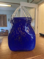 Hand Blown Art Glass Purse Vase, Blue W/ Clear Handle. Bag Fashion Decor