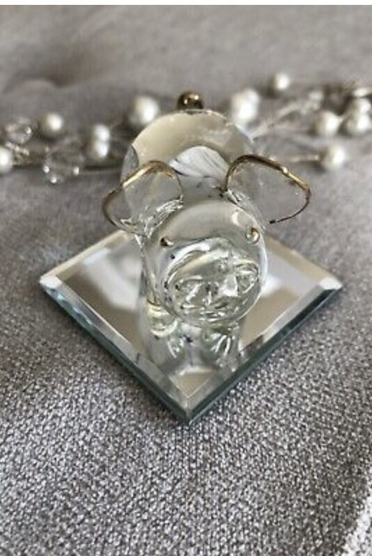Brand New Adorable Pig Crystal Glass Figure On Mirror Stand & Gold Details